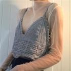 Set: Stripe Knit Top + Mesh Long-sleeve Top