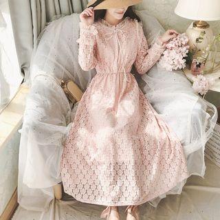 Long-sleeve Lace A-line Midi Dress Almond - One Size