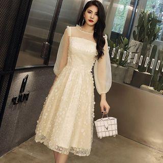 Mesh Panel Puff Sleeve Beaded Cocktail Dress