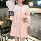 Long-sleeve Blouse / Tweed Mini A-line Pinafore Dress
