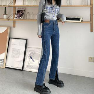 Applique Front-slit Bootcut Cropped Jeans
