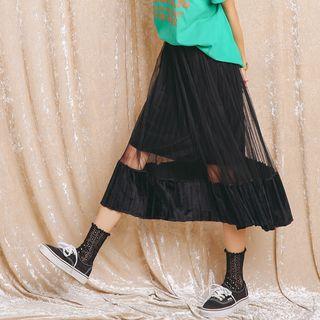 Velvet Panel Midi Mesh Skirt