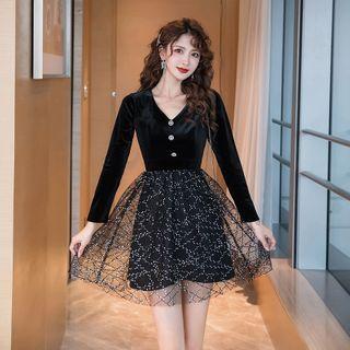 Long-sleeve Sequined Mesh Panel Velvet Mini Dress