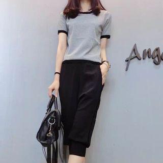 Set: Contrast Trim Striped Short-sleeve T-shirt + Capri Pants