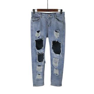 Mesh Insert Ripped Straight-cut Jeans