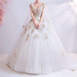Cape-sleeve Sequined Leaf A-line Wedding Gown