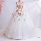 Cape-sleeve Sequined Leaf A-line Wedding Gown