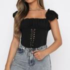 Off-shoulder Ruched Lace-up Top