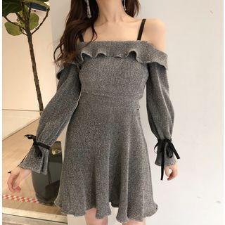 Long-sleeve Cold-shoulder Ruffle Mini A-line Dress