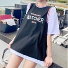 Set: Swim Tank Top + Shorts + Elbow-sleeve Lettering T-shirt