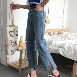 Washed Ripped Slit Straight Cut Jeans