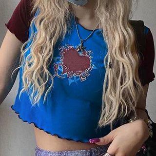 Short Raglan Sleeve Heart Print Ruffled-hem Crop Top