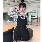 Long-sleeve Striped T-shirt / Wide-leg Letter Dungaree Shorts