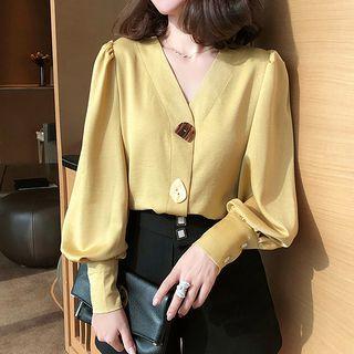 Lantern-sleeve Button-up Blouse