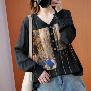 Long-sleeve Floral Print Panel Top Black - One Size