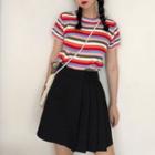 Striped T-shirt / Pleated Mini Skirt
