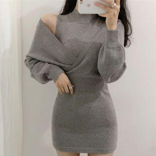 Set: Sleeveless Mini Sheath Knit Dress + Sweater
