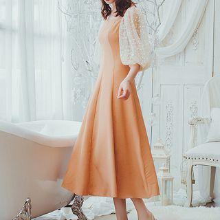 Dotted Panel Lantern-sleeve Midi A-line Dress