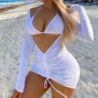 Set: Cropped Halter Top + Long-sleeve Drawstring Mini Bodycon Dress