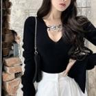 V-neck Slit-cuff Chain-detail Top Black - One Size