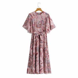 Elbow-sleeve Paisley Print Midi A-line Dress