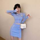 Set: Short-sleeve Collared T-shirt + Mini Pencil Skirt + Fingerless Gloves