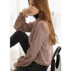 Tie-neck Balloon-sleeve Houndstooth Blouse Check - One Size