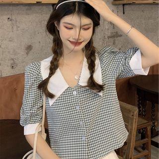 Puff-sleeve Peter Pan Collar Plaid Shirt Plaid - One Size