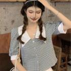 Puff-sleeve Peter Pan Collar Plaid Shirt Plaid - One Size
