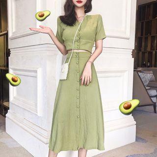 Set: Short-sleeve Buttoned Cropped Top + A-line Midi Skirt