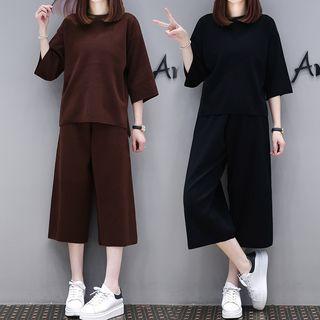 Set: 3/4-sleeve Plain Sweater + Wide-leg Cropped Pants