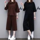 Set: 3/4-sleeve Plain Sweater + Wide-leg Cropped Pants