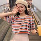 Elbow-sleeve Striped Cropped Knit Top As Shown In Figure - One Size