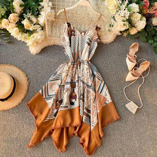 Patterned Tie-waist Asymmetric Sundress