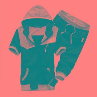 Set: Short-sleeve Color Block Hooded Jacket + Crop Sweatpants