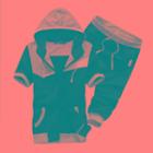 Set: Short-sleeve Color Block Hooded Jacket + Crop Sweatpants