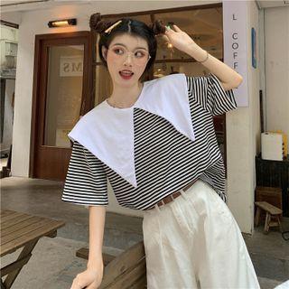 Short-sleeve Sailor Collar Stripe Top As Shown In Figure - One Size