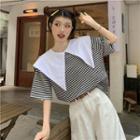 Short-sleeve Sailor Collar Stripe Top As Shown In Figure - One Size