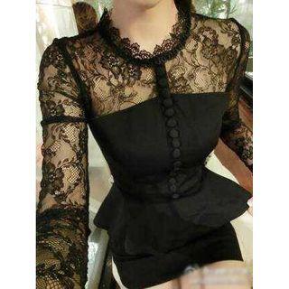Lace Panel Ruffle Trim Blouse / Mini Bodycon Dress