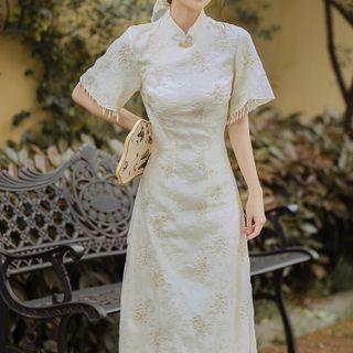 Short-sleeve Fringed Floral Embroidered Midi A-line Qipao Dress