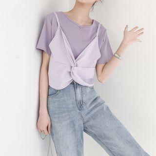 Short-sleeve Plaid Panel T-shirt As Shown In Figure - One Size
