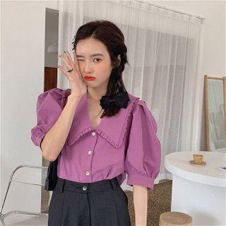 Puff-sleeve Ruffle Trim Blouse Rose Purple - One Size