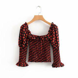 Floral Print Square-neck Bell-sleeve Blouse
