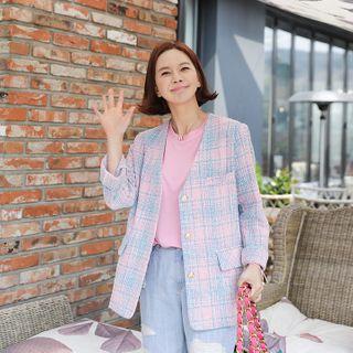 Lapelless Metallic-button Plaid Blazer