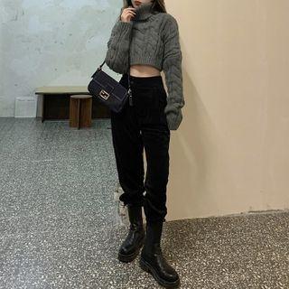 Chunky Knit Turtleneck Cropped Sweater / Corduroy Harem Pants