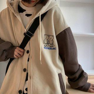 Bear Print Button-up Hoodie