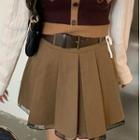 High-waist Mesh Trim Mini Pleated Skirt