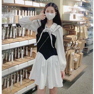 Long-sleeve Two Tone A-line Dress Black & White - One Size