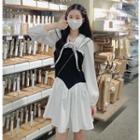 Long-sleeve Two Tone A-line Dress Black & White - One Size