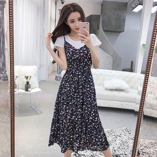 Set: Short-sleeve Top + Spaghetti Strap Floral Print A-line Midi Dress